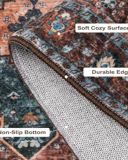 Ciicool 9x12ft Vintage Washable Area Rug,Large Oriental Throw Carpet,Non-Slip Low Pile Rug for Living Room, Bedroom, Dining Room, Office, Kitchen（Brick Red/Dull Teal）