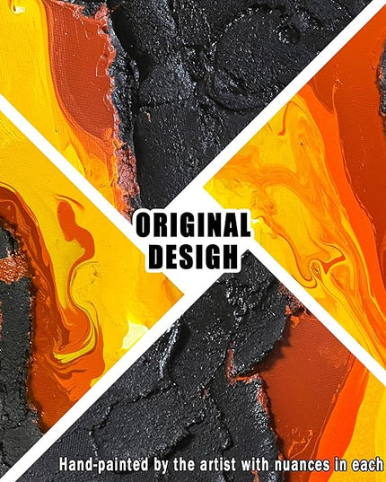 GUGIKA Abstract Wall Art for Living Room, Hand Painted 3D Textured Magma Paintings, Black and Gold Yellow Volcanic Lava Canvas Wall-Decor for Bedroom, Size 40 x 20 Inches