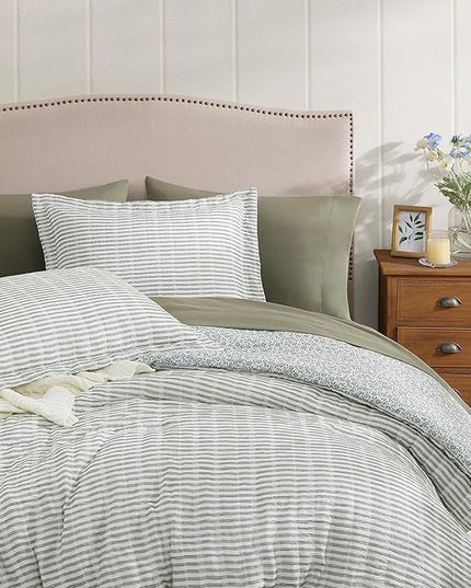 Full Comforter Set - 7 Pieces Green Gauze Muslin Bedding Sets for All Seasons, Lightweight Breathable Bed in a Bag Full with Revesible Farmhouse Comforter, Sheets, Pillowcases & Shams