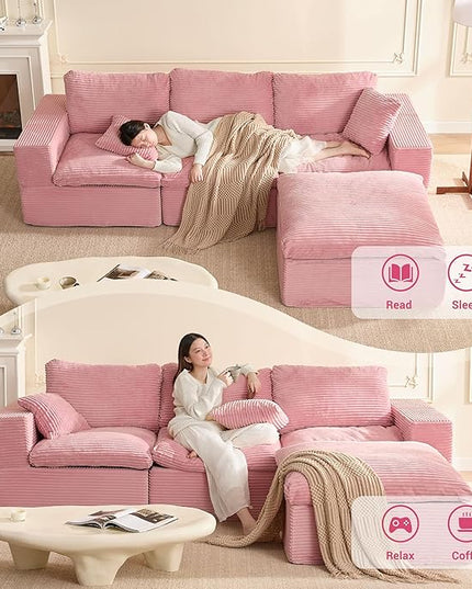 106.3” Sectional Couches for Living Room, Cloud Couch, Modular Sectional Sofa, Convertible Sofas Bed, Deep Seat Sofa, L Shaped Cozy Sofa Furniture Set, Corduroy, Pink