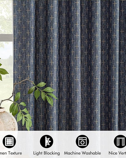 MIULEE Decorative Back Tab Linen Curtains with Geometric Pattern for Living Room Bedroom Farmhouse Rustic Thick Woven Textured Patterned Mudcloth Drapes 90 Inch Long 2 Panels Set, Blue
