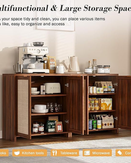 YOUDENOVA 62.3" Sideboard Buffet Cabinet, Rattan Storage Sideboard Cabinet with 4-Door and Adjustable Shelves, Farmhouse Console Table for Dining Room, Entryway, Living Room, Rustic Brown