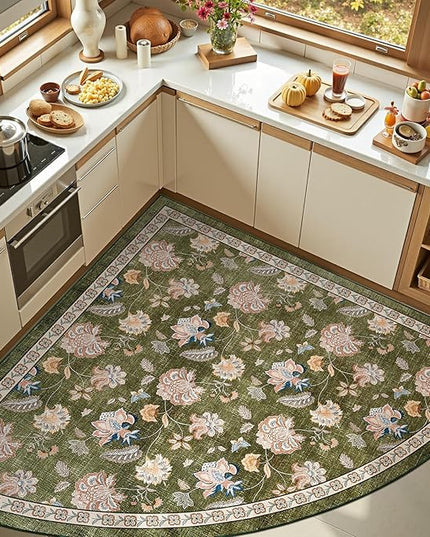 jinchan Elora Floral Corner Rug for Living Room Washable Rug Vintage Romance Christmas Design Non Slip Quarter Circle Lightweight Low-Pile Throw Carpet for Reading Nook Playroom, 6ft Radius, Green