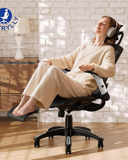 GABRYLLY Ergonomic Office Chair with Footrest, High Back Home Desk Chair - 3D Headrest, Flip-Up Arms, 135° Tilt and Wide Cushion, Heavy Duty Mesh Chairs for Task Computer Gaming,GYB01-FT