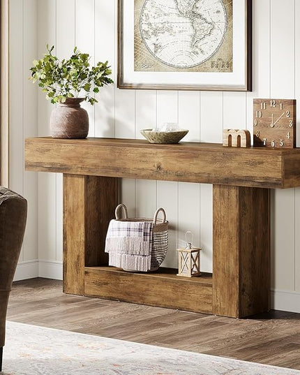 Tribesigns 63" Console Table, Farmhouse 2-Tier Entryway Table with U-Shaped Base, Narrow Long Wood Sofa Table Behind Couch Table for Living Room, Hallway, Foyer, Vintage Brown