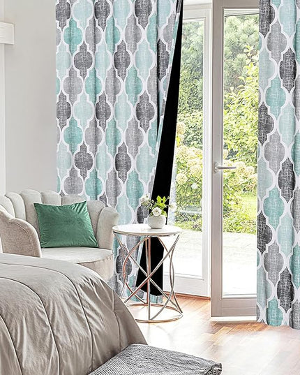Beauoop 100% Blackout Curtains 84 Inches Long 2 Panels for Bedroom Living Room Aqua Grey Moroccan Geo Room Darkening Thermal Insulated Soundproof Rod Pocket Back Tab Window Treatments Drapes, 50x84