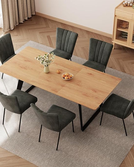 ZckyCine 7-Piece Dining Set, 51"-67" Expandable Mid-Century Modern Table with 6 Chairs, Leather Seat & Backrest, Metal Frame, Oak/Black for Dining Room/Home