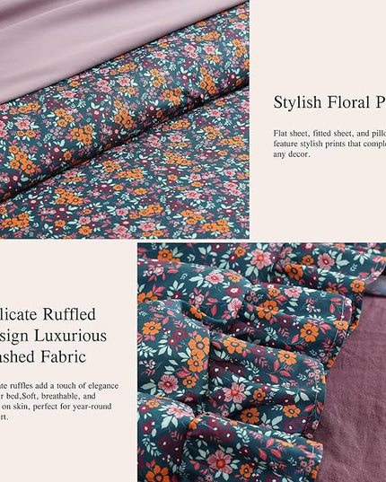Queen Comforter Set - 7 Pieces Ruffle Deep Forest Bedding Sets, Shabby Chic Farmhouse Bed in a Bag with Ruffle Comforter, Sheets, Pillowcases & Shams