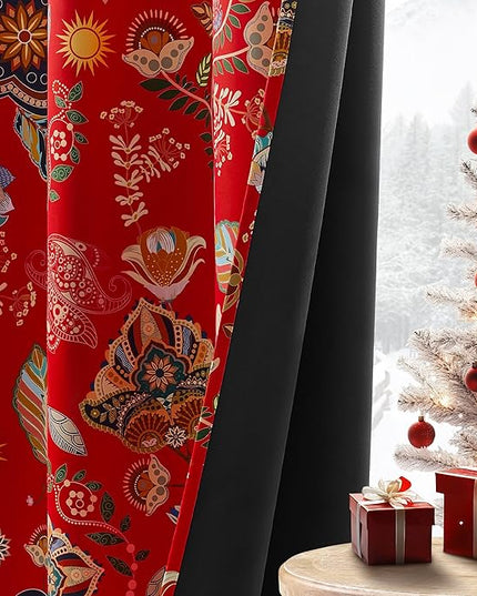 XiDi Christmas Red Floral Curtains 84 Inches Long 2 Panels 100% Blackout Vintage Leaf Patterned Curtains for Living Room Bedroom Thermal Insulated Room Darkening Luxury Colorful Drapes Grommet 52x84