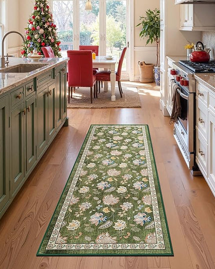 jinchan Elora 3x8 Floral Runner Rug for Hallway Washable Runner Vintage Romance Christmas Design Non Slip Thin Indoor Floor Cover Low-Profile Throw Carpet for Entryway Bathroom Bedroom Porch, Green