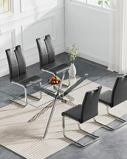 HomVent 5 Piece Rectangular Glass Dining Table Set, Rectangular Glass Kitchen Table Set for 4 with 4 PU Upholstered Dining Chairs for Kitchen Dining Room