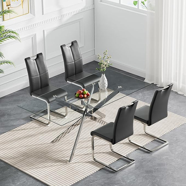 HomVent 5 Piece Rectangular Glass Dining Table Set, Rectangular Glass Kitchen Table Set for 4 with 4 PU Upholstered Dining Chairs for Kitchen Dining Room