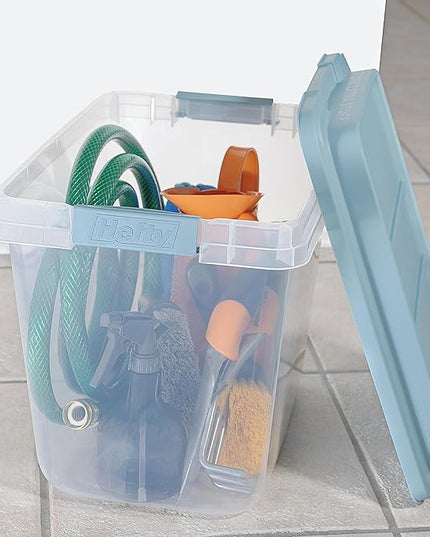 Hefty HI-RISE 32 Qt Stackable Storage Bins with Lids – 6 Pack Clear Plastic Under Bed Storage Containers, Shoe Organizer Boxes with XL Lid-Locking Latches, Comfort-Grip Handles, Durable Double Rim