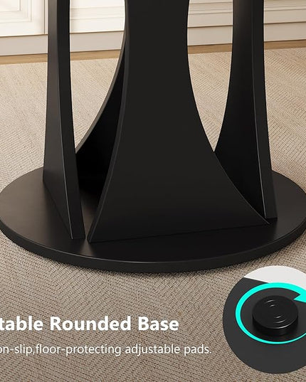 Round Dining Table for 4-6, Kitchen Table with Sturdy Double Arc & Rounded Base & Backboard Clasp Desktop, Mid-Century Modern Circle Dinner Table for Dining Living Room, Space Saving, Black