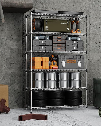 6 Tiers Storage Shelves Load 2100LBS, Metal Shelving Wire Metal Shelving Unit Shelves for Storage Adjustable Garage Shelving for Pantry Kitchen Garage Chrome 17.7" D x 47.3" W x 82.4" H