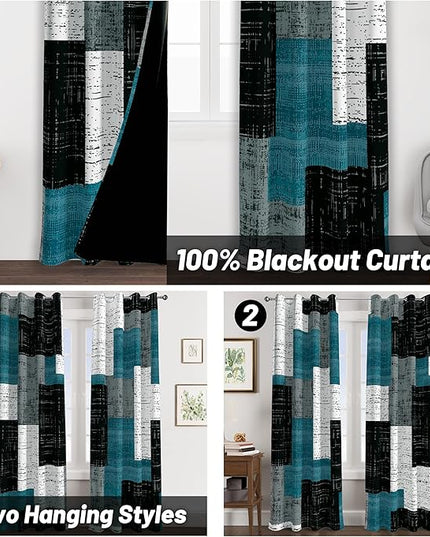 Rustic Blue Grey 100% Blackout Curtains for Bedroom 63 inch Long 2 Panels Set Gray Modern Abstract Geometric Black Out Curtains Insulated Room Darkening Window Drapes for Living Room, 52Wx63L