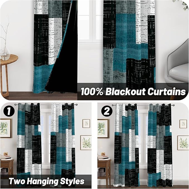 Rustic Blue Grey 100% Blackout Curtains for Bedroom 63 inch Long 2 Panels Set Gray Modern Abstract Geometric Black Out Curtains Insulated Room Darkening Window Drapes for Living Room, 52Wx63L