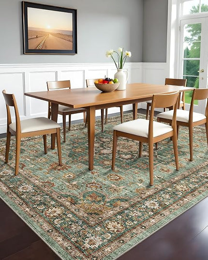 Dining Room Rugs for Under Table - Washable Green 6x8 Area Rug for Living Room Bedroom Soft Low Pile Non Slip Stain Resistant Carpet - Perfect for Homes with Pets & Kids (Green, 6x8)