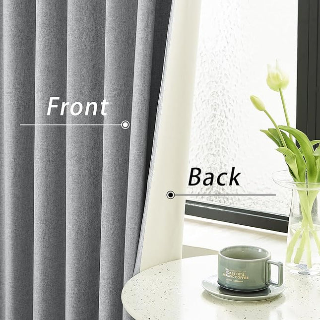 DUALIFE Grey Linen Full Blackout Curtains 108 Inch Length 2 Panels Set for Living Opaque Privacy Back Tab Thermal Insulated 100% Black Out Room Darkening 9ft Window Curtain Drapes 108 Inches Long