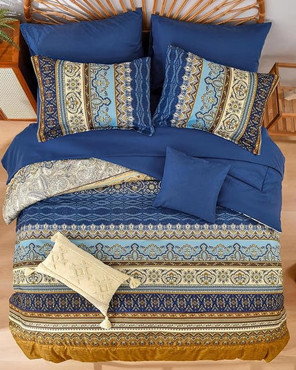 Cottolester Boho Comforter Set Full Size 8 Pieces,Brown Blue Bohemian Comforter Paisley Striped Bed in A Bag,Soft Microfiber Bedding Set for All Season