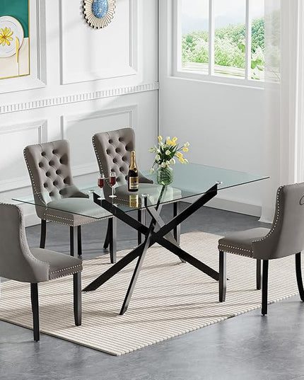 HomVent 5 Piece Rectangular Glass Dining Table Set, Tempered Glass Dinner Table Set for 4 Kitchen Table Set with 4 Velvet Upholstered Chairs for Kitchen Dining Room