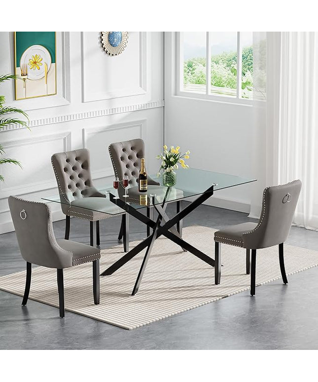 HomVent 5 Piece Rectangular Glass Dining Table Set, Tempered Glass Dinner Table Set for 4 Kitchen Table Set with 4 Velvet Upholstered Chairs for Kitchen Dining Room