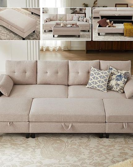 Convertible Sectional Sofa with Storage Ottoman Bench, 101" U Shaped Couch 4-Seat Sofa Set for Living Room/Apartment, Sectional Couch with Movable Ottoman, Beige
