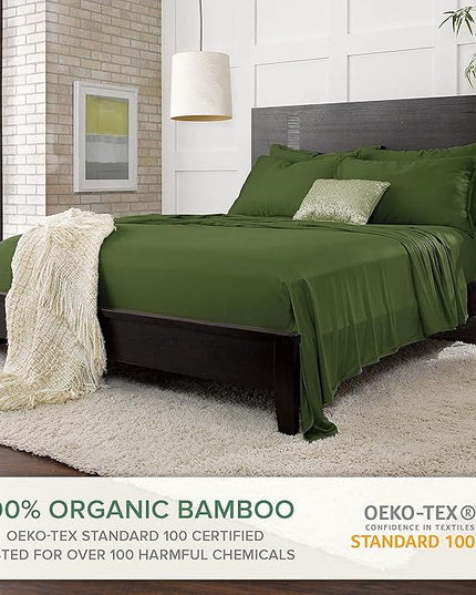 Pure Bamboo Split King Sheets, Genuine 100% Organic Viscose Derived from Bamboo Bed Sheet Set, Soft & Cooling, Double Stitching, 2 Fitted Sheets (Split King, Pesto)