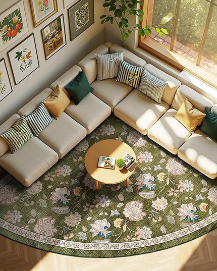 jinchan Elora Floral Corner Rug for Living Room Washable Rug Vintage Romance Christmas Design Non Slip Quarter Circle Lightweight Low-Pile Throw Carpet for Reading Nook Playroom, 8ft Radius, Green