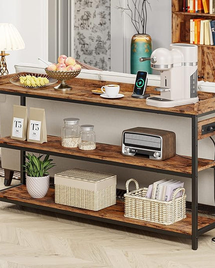 IRONCK Console Table, Sofa Table with Power Outlet, Farmhouse Hallway Table for Entryway, Living Room, Height Adjustable, Easy Assembly, Rustic Brown,55"