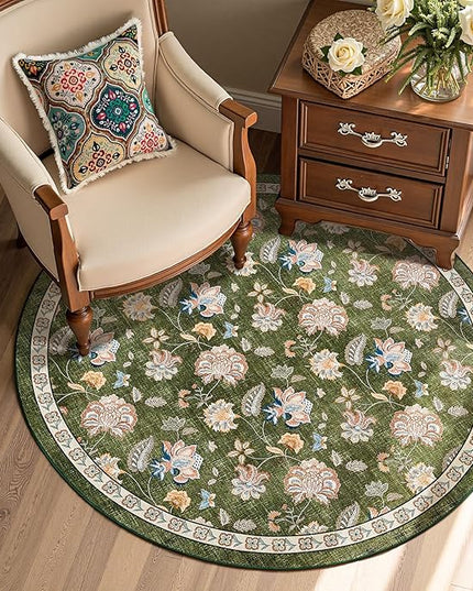 jinchan Elora 4ft Floral Round Rug for Entryway Washable Rug Vintage Romance Christmas Design Non Slip Indoor Doormat Lightweight Low-Profile Throw Carpet for Living Room Dining Room Bedroom, Green