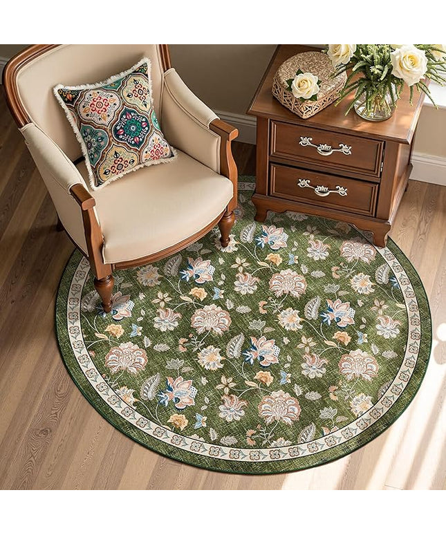 jinchan Elora 4ft Floral Round Rug for Entryway Washable Rug Vintage Romance Christmas Design Non Slip Indoor Doormat Lightweight Low-Profile Throw Carpet for Living Room Dining Room Bedroom, Green