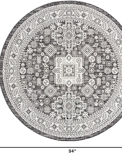 Rugs.com Outdoor Aztec Collection Rug – 8 Ft Round Charcoal Gray Flatweave Rug Perfect for Kitchens, Dining Rooms