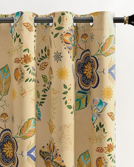 XiDi Beige Vintage Floral Curtains Boho Blackout Curtains Patterned 84 Inches Long 2 Panels for Bedroom Living Room Thermal Insulated Grommet Luxury Colorful Botanical Flower Leaf Printed Drapes 52x84