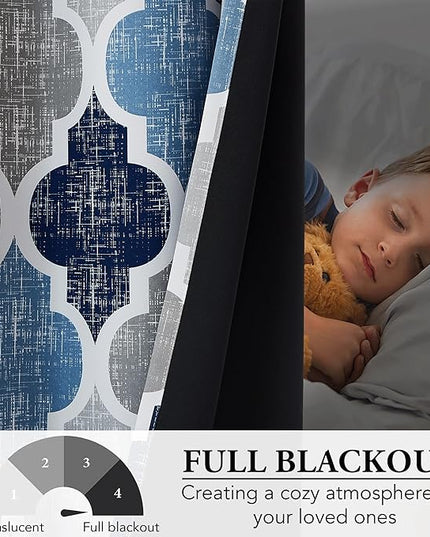 Beauoop 100% Blackout Curtains 84 Inches Long 2 Panels for Bedroom Living Room Blue Grey Moroccan Geo Room Darkening Thermal Insulated Soundproof Rod Pocket Back Tab Window Treatments Drapes, 50x84