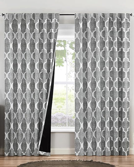 Beauoop 100% Blackout Curtains 96 Inches Long 2 Panels for Bedroom Living Room Grey Moroccan Geo Room Darkening Thermal Insulated Soundproof Rod Pocket Back Tab Window Treatments Drapes, 50x96