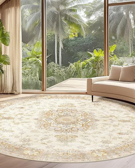 Large Boho Round Rug 9ft, Beige Circle Area Rugs for Bedroom Living Room,Washable Vintage Bohemian Distressed Oriental Floral Carpet Non Slip,Retro Gold Floral
