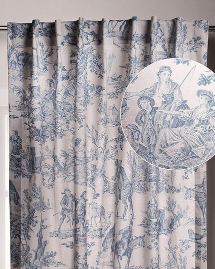 Maison d' Hermine Curtains for Living Room 100% Cotton 124 inch Length One Panel Light Filtering Toile Curtains for Bedroom Windows with Rod and Loop Pockets Drapes (The Miller Denim, 50" W x 124" L)