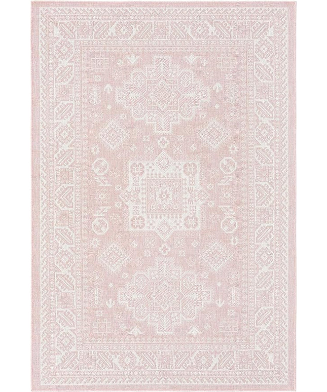 Rugs.com Outdoor Aztec Collection Rug – 5' x 8' Pink Flatweave Rug Perfect for Living Rooms, Large Dining Rooms, Open Floorplans