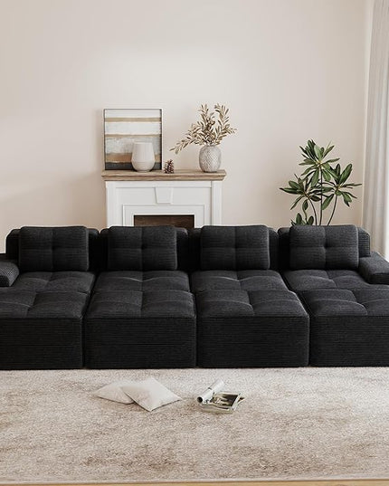 Hommoo Oversized Modular Sectional Sofa, 8 Seat Sleeper Sofa Bed, Comfy Corduroy Couch with Deep Seat, 153”Convertible Boneless Couch with Ottoman for Living Room No Assembly Required Black