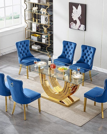 Henf 7-Piece Glass Dining Table Set with 6 Upholstered Dining Chairs, Large Gold Dining Table and Chair Set for 6, Modern Kitchen Table Furniture for Dining Room, Stainless Steel Base and Glass Top