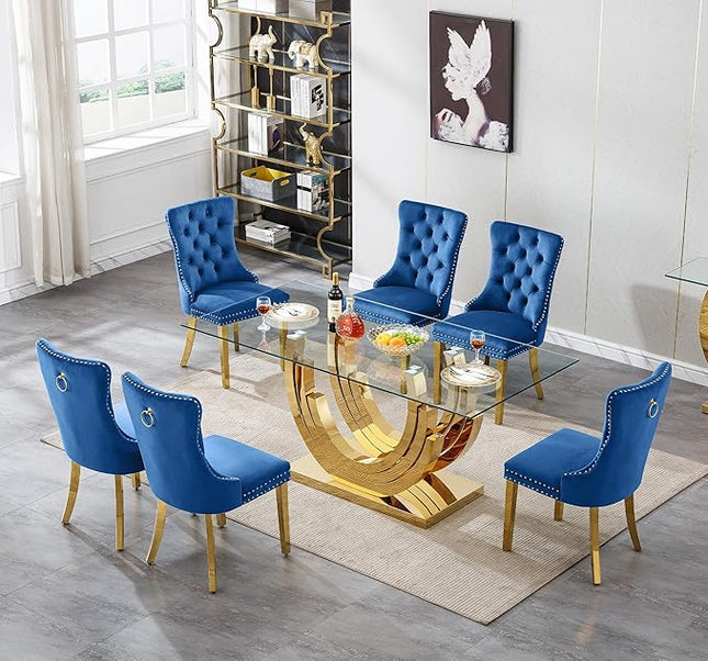 Henf 7-Piece Glass Dining Table Set with 6 Upholstered Dining Chairs, Large Gold Dining Table and Chair Set for 6, Modern Kitchen Table Furniture for Dining Room, Stainless Steel Base and Glass Top