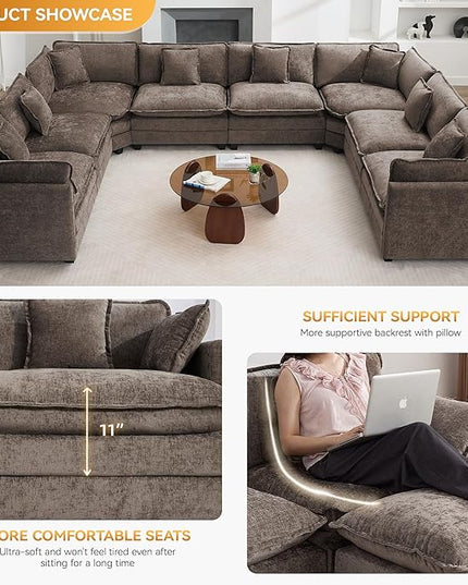147'' Oversized U Shaped Cloud Sectional Sofa, Chenille Deep Seat Couches for Living Room, Comfy Upholstered Modular Sectional Sofa Couch, Brown