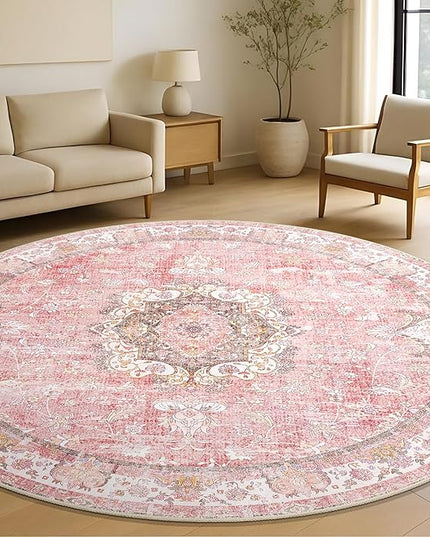 Pink Round Rug 6ft,Large Circle Area Rugs for Living Room Bedroom Dining Room,Washable Boho Vintage Bohemian Distressed Oriental Floral Carpet Non Slip,Blush Floral Flowers