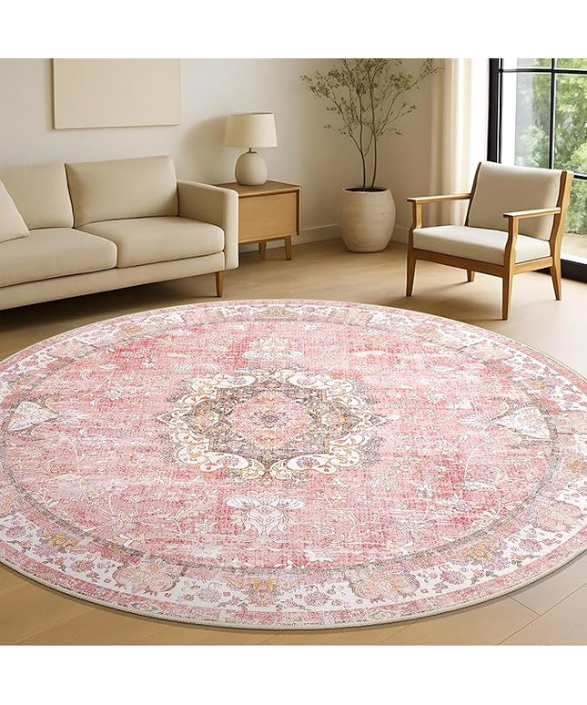 Pink Round Rug 6ft,Large Circle Area Rugs for Living Room Bedroom Dining Room,Washable Boho Vintage Bohemian Distressed Oriental Floral Carpet Non Slip,Blush Floral Flowers