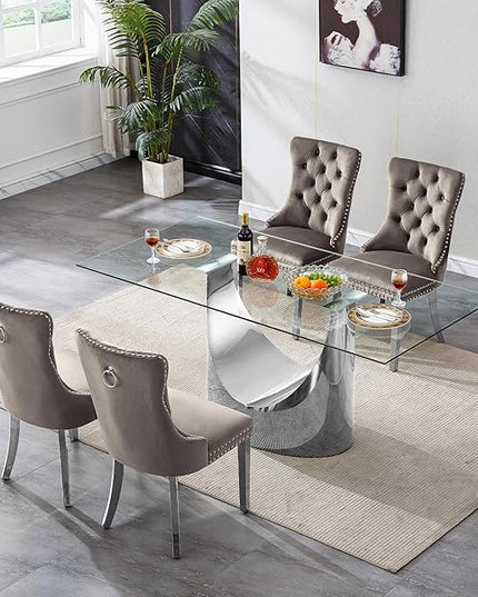 5 Piece Dining Table Set, Modern Glass Dining Table Set for 4 with Velvet Chairs, 70" Luxury Dining Table Chairs Set of 4, Kitchen Dining Room Sets for Dinner Dinette Breakfast Banquet, Grey+Silver