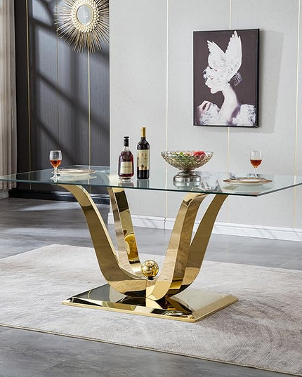 70" Modern Gold Glass Dining Table Set for 6, 7-Piece Rectangle Kitchen Dining Room Table Set with Steel Base & 6 Green Velvet Upholstered Chairs, Modern Glass Kitchen Table and Chairs Set of 6