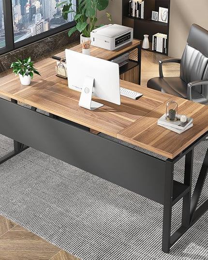 Tribesigns 63 inches Computer Desk with Bottom Storage Shelf Home Office Desk Writing Table for Workstation, Dark Walnut + Steel Leg, Cabinet not Included (Walnul, 63-inch-with Shelf)