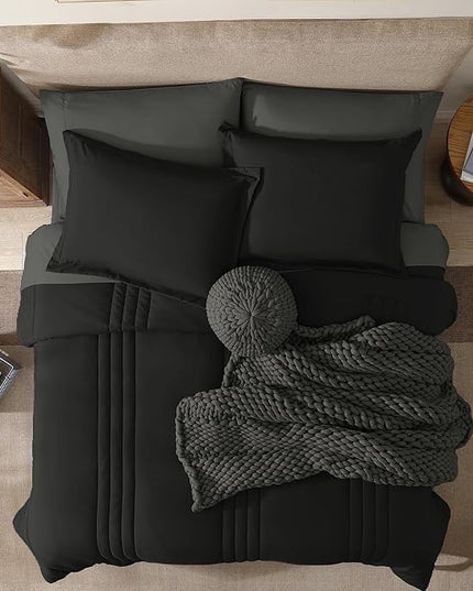 Monbix California King Size Comforter Set - 7 Pieces Bed in a Bag California King, Black Bedding Sets with Comforter, All Seasons Down Alternative Comforter Bed Set with Sheets, Pillowcases & Shams