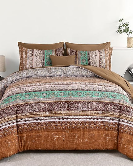 Cottolester Boho Queen Comforter Set 8 Pieces, Brown Bohemian Striped Bed in a Bag, Paisley Soft Microfiber Bedding Comforter Set